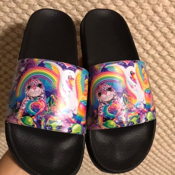 Shoes - Black and Blue Slide Sandals with Vibrant Design